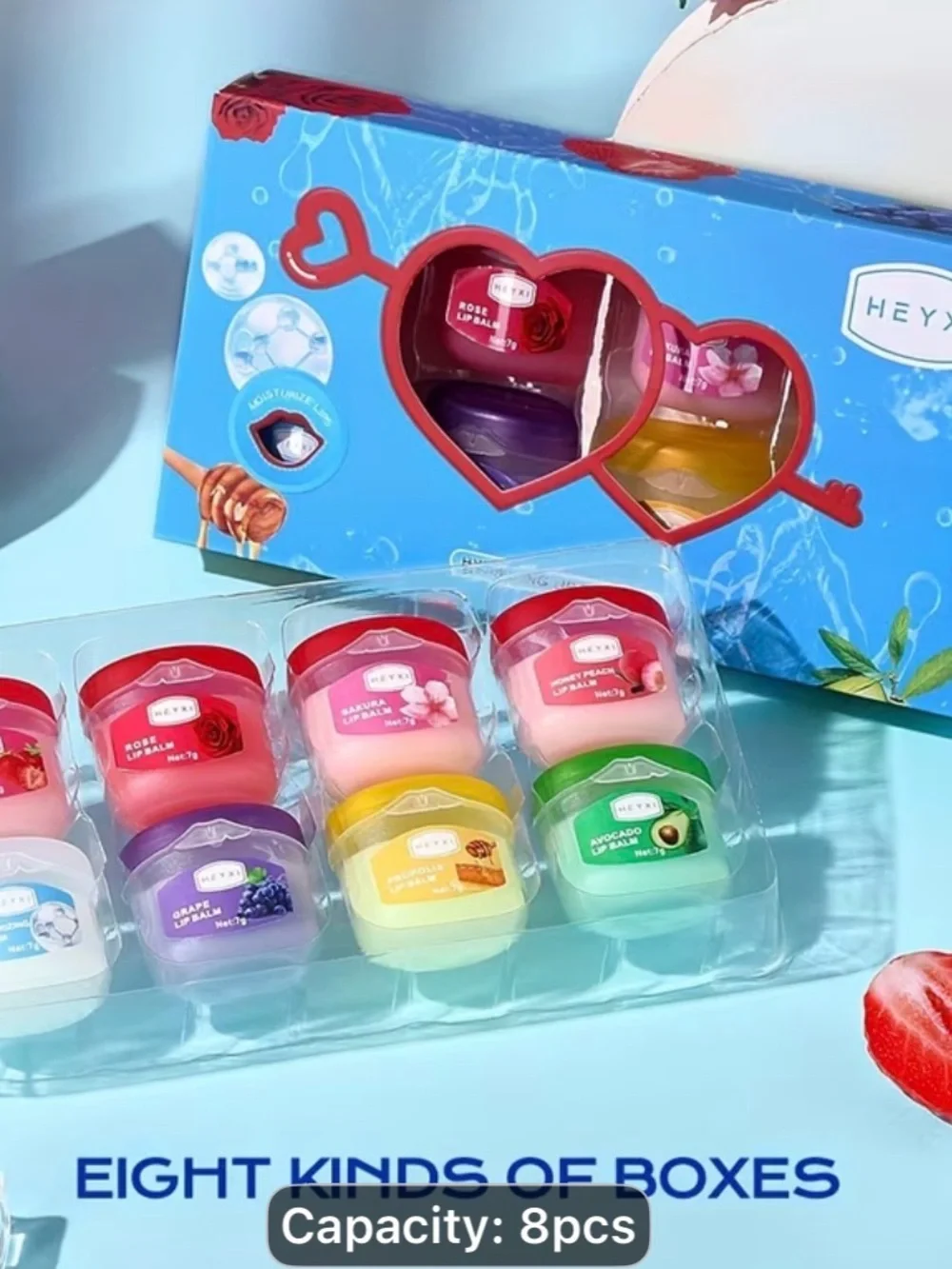 8Assorted Fruit & Floral Lip Balm. Anti-chapping mask for Smooth Lips